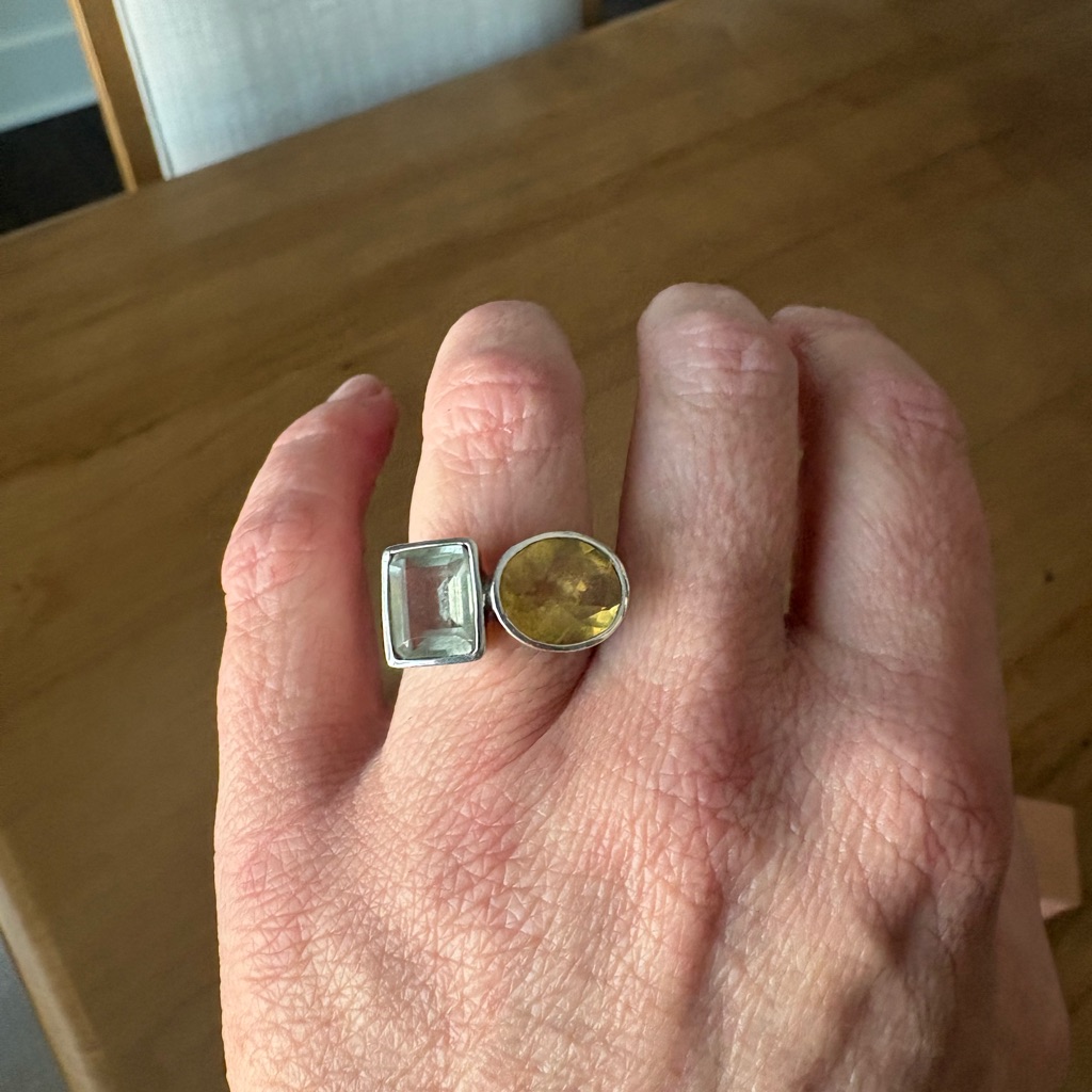 Modern Sterling Silver, Aquamarine & Citrine Ring Size 6